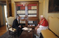 The new U.S. ambassador to the Vatican, Miguel Diaz, talks with Pope Benedict XVI at the the papal villa in Castel Gandolfo, Italy, Oct. 2. (CNS photo/L'Osservatore Romano via Catholic Press Photo
