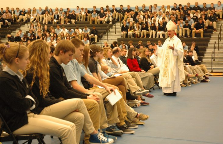 Bishop Rhoades visits Saint Joseph High School on feast day